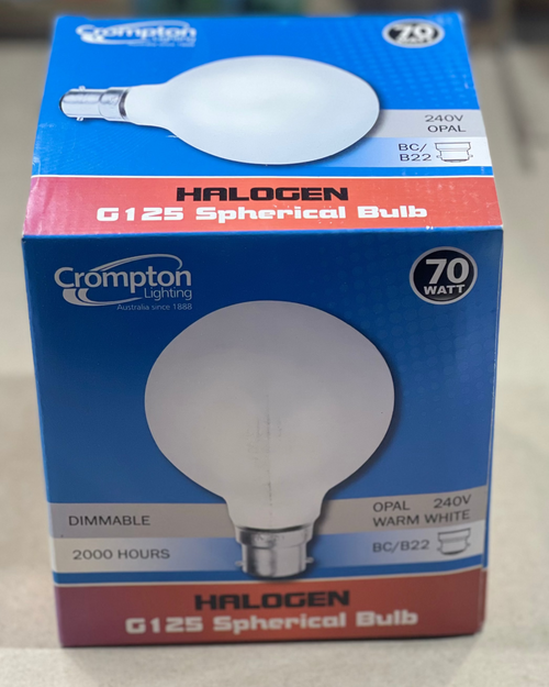 Crompton G125 70W – Warm White Opal Globe, BC/B22 Base